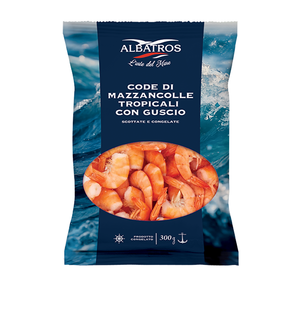 Code di mazzancolle tropicali con guscio